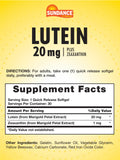 Etiqueta frontal de Sundance Luteína 20mg destaca luteína y zeaxantina.
