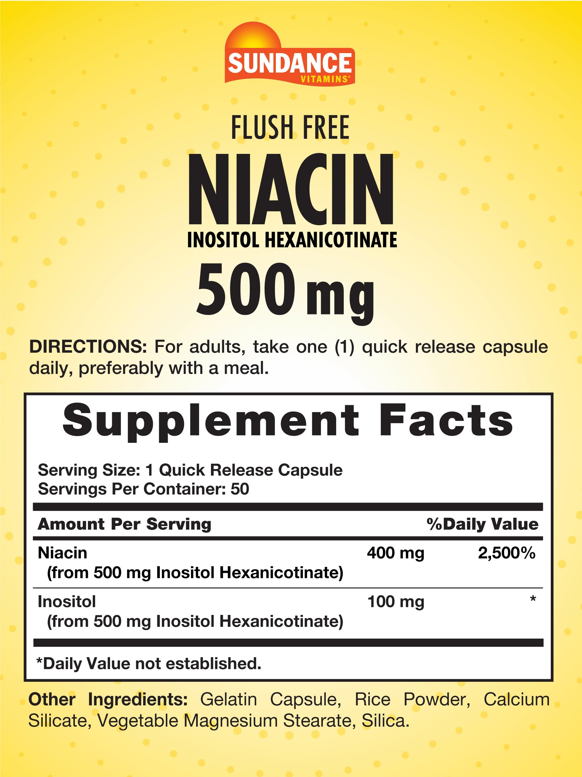 Sundance Niacina 500 mg, cápsulas de liberación rápida, ingesta fácil para empezar el día.