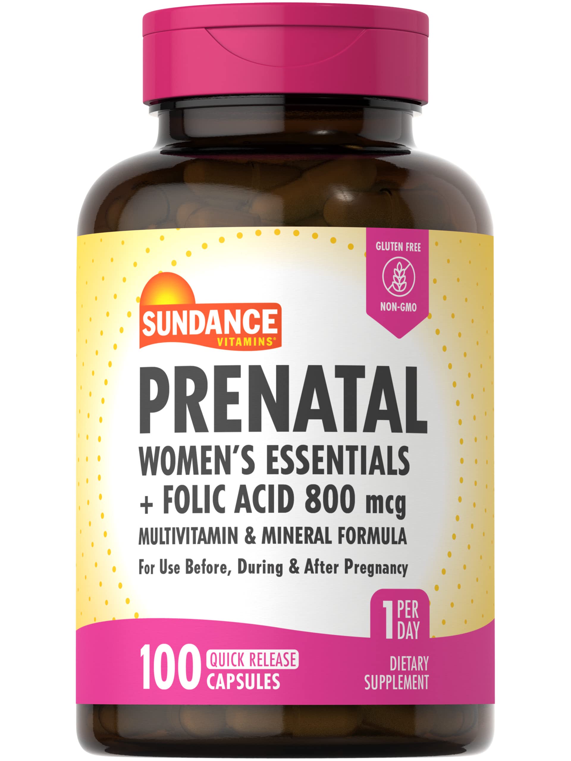 Sundance Prenatal Multivitaminas en botella con 100 cápsulas, fácil dosis diaria.