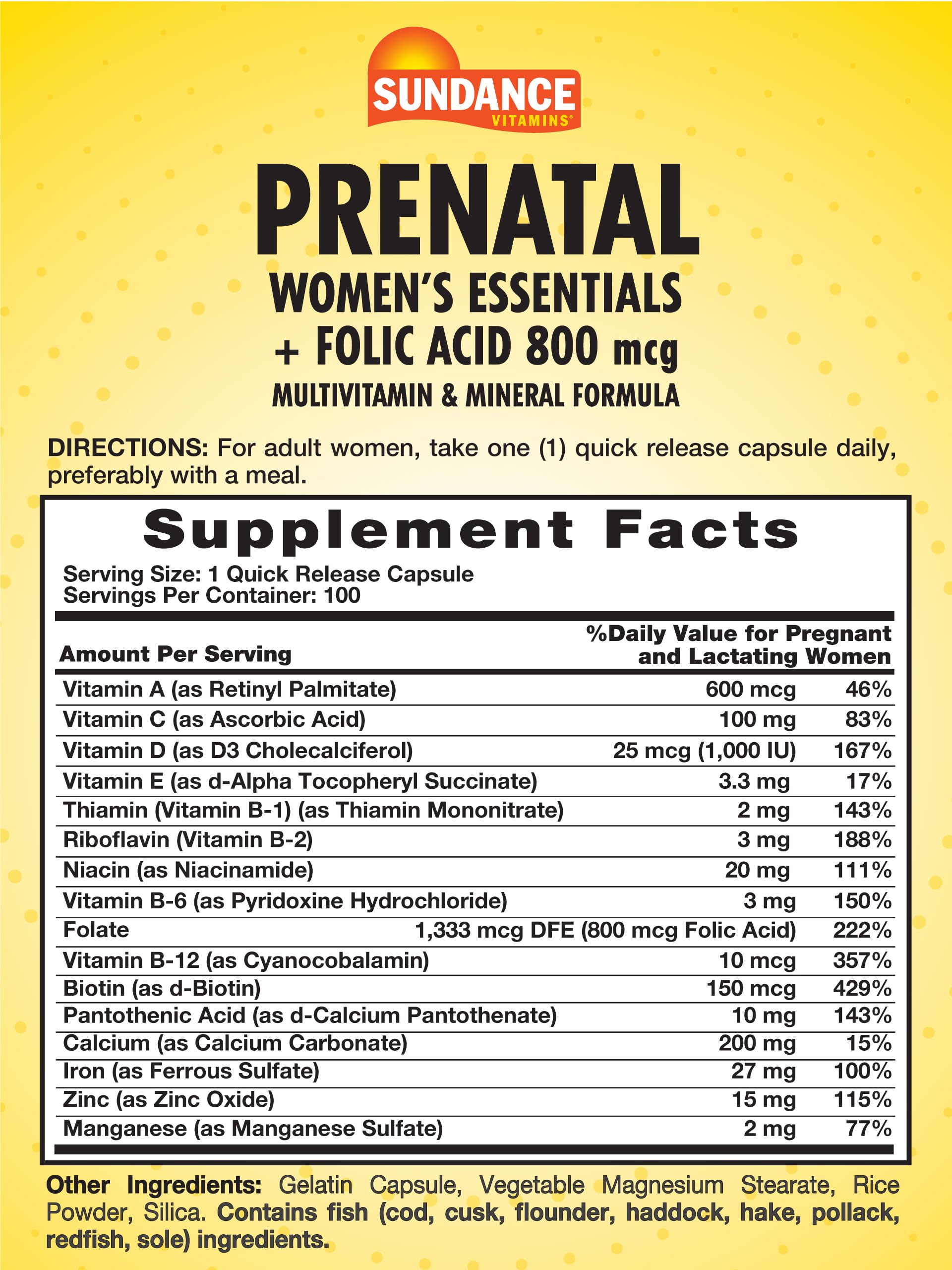 Sundance Prenatal Multivitaminas, cápsula de liberación rápida para consumo diario.