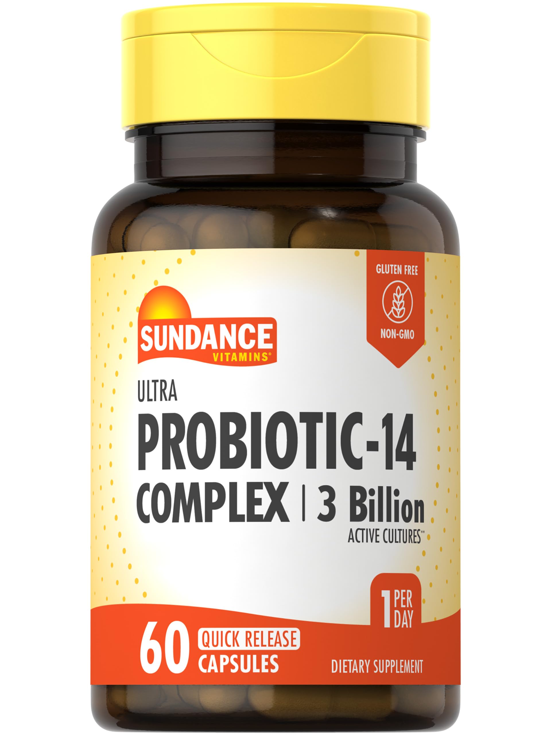 Sundance Probiotic-14 Complex cápsulas en botella listas para uso diario.