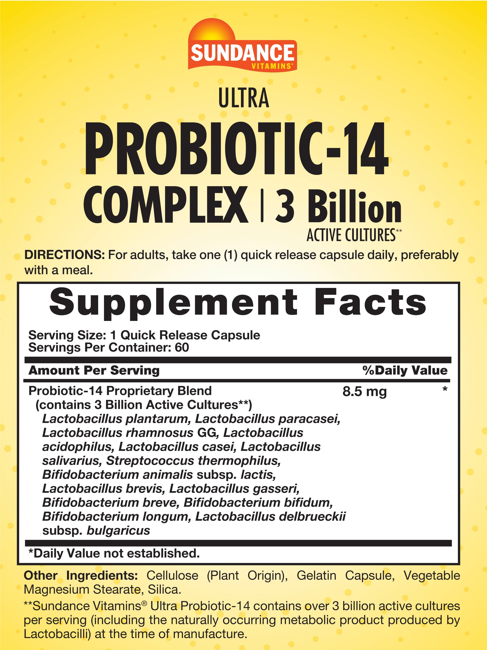 Cápsulas Sundance Probiotic-14 Complex de liberación rápida, fáciles de tomar.