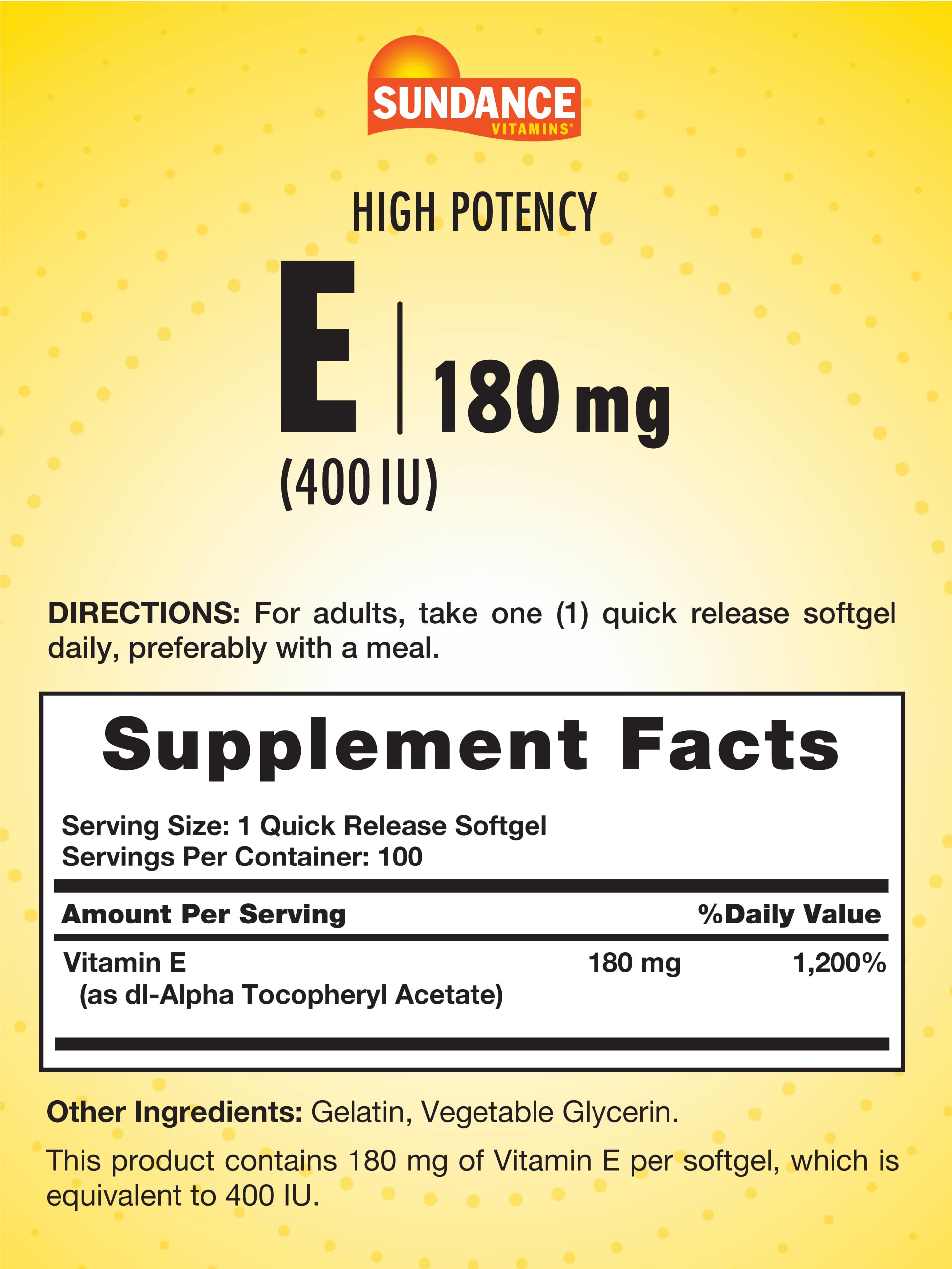 Sundance Vitamina E 180 mg botella: formato práctico para dosis diaria sin gluten