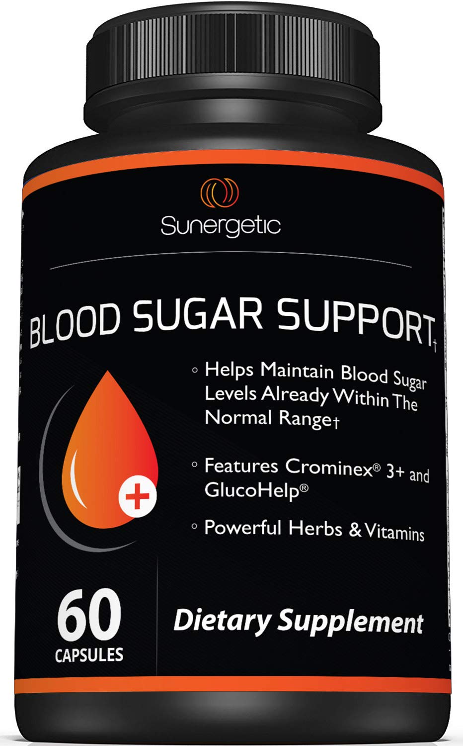 Sunergetic suplemento glucémico: botella frontal para uso diario.