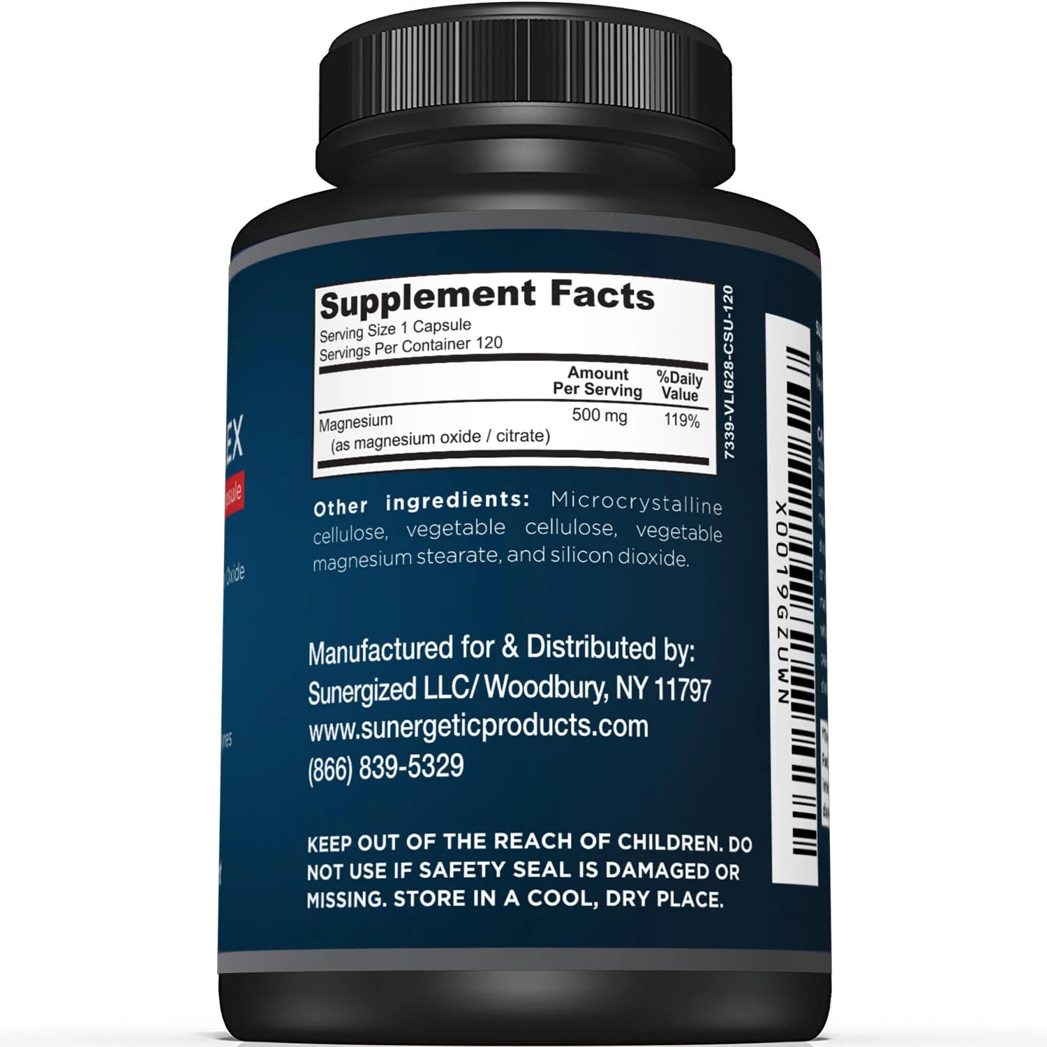 Sunergetic bote magnesio 500 mg con etiqueta clara para identificación fácil.