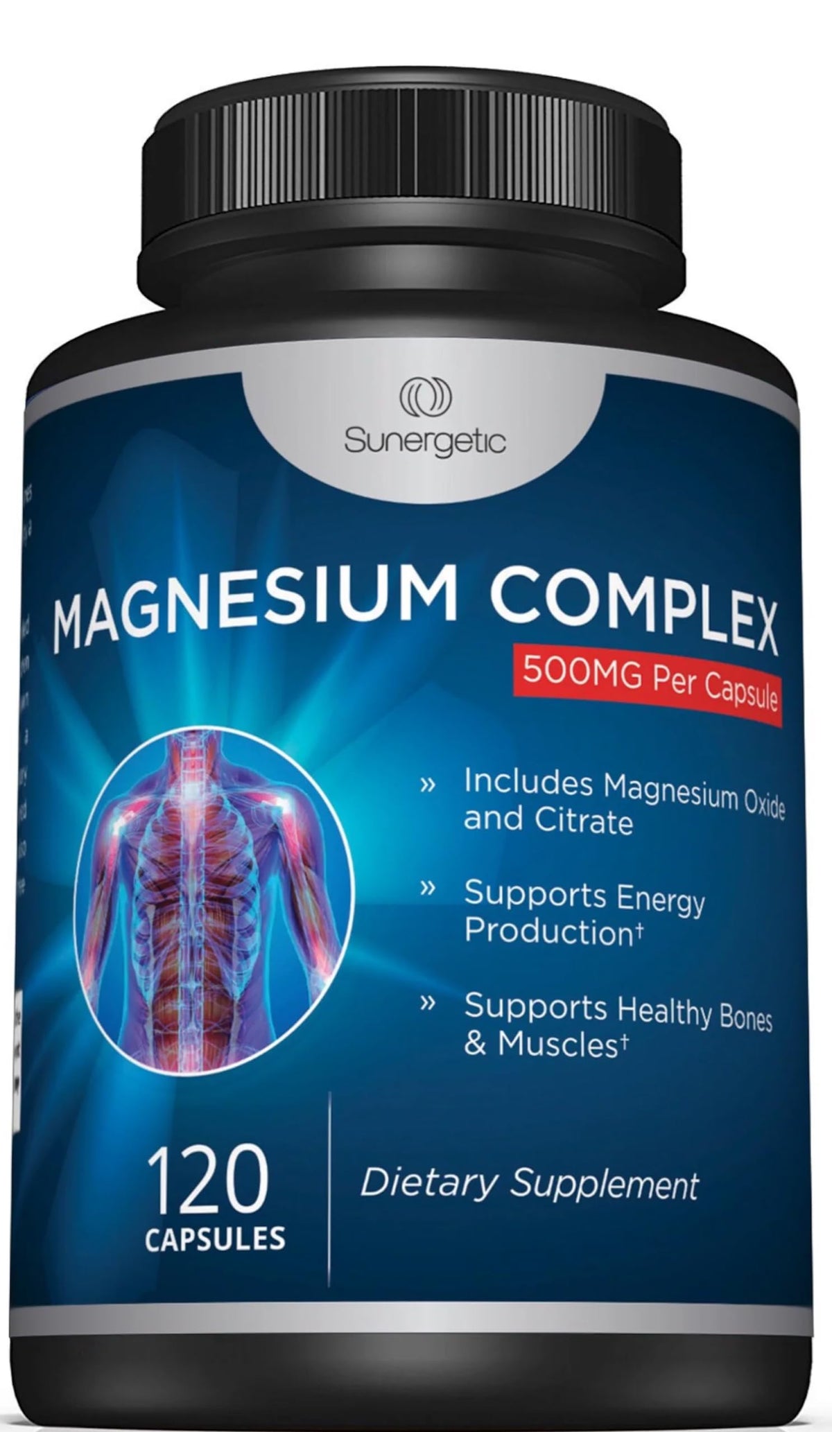 Sunergetic cápsulas magnesio 500 mg: mezcla citrato y óxido para dosis concentrada.