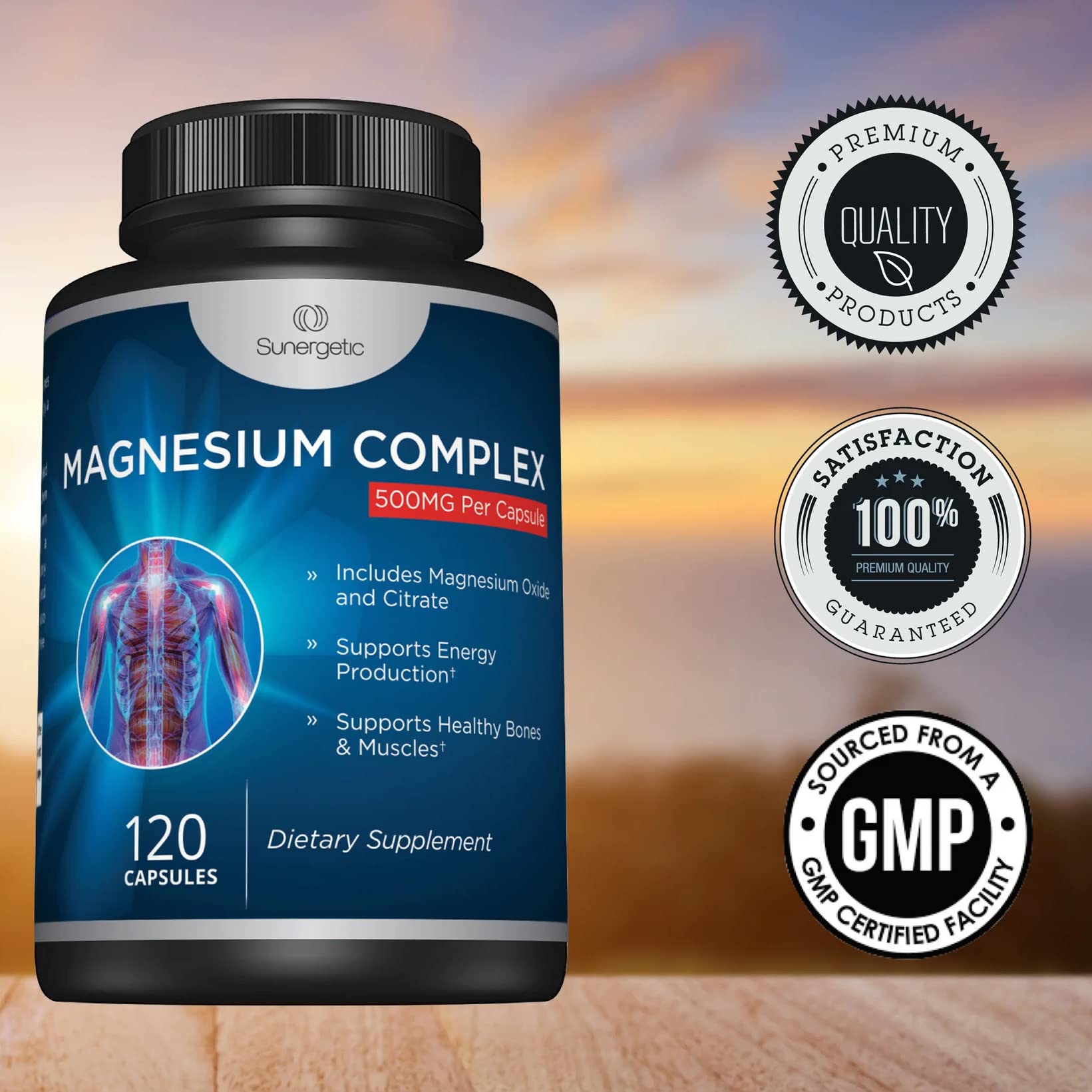 Sunergetic cápsulas de 500 mg para conveniencia diaria.