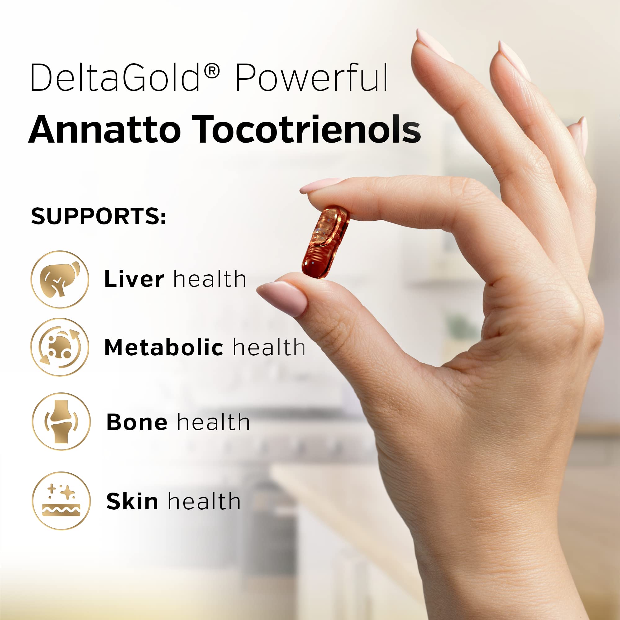 Etiqueta Sunergetic DeltaGold mostrando tocotrienoles sin tocoferoles.