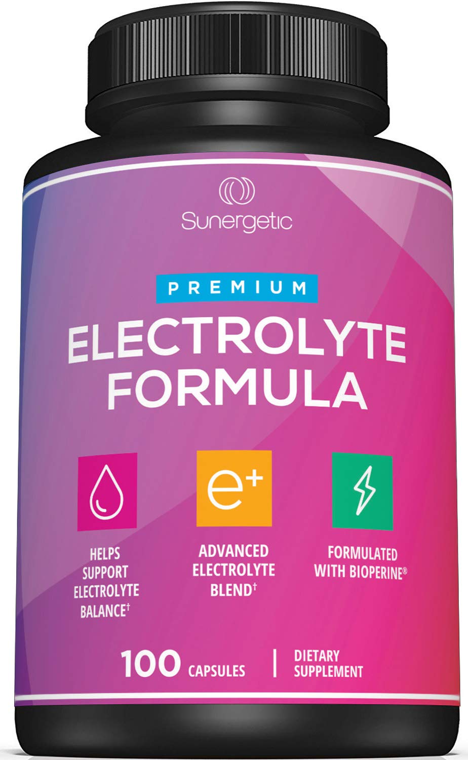 Sunergetic frasco de cápsulas de electrolito para hidratación diaria.