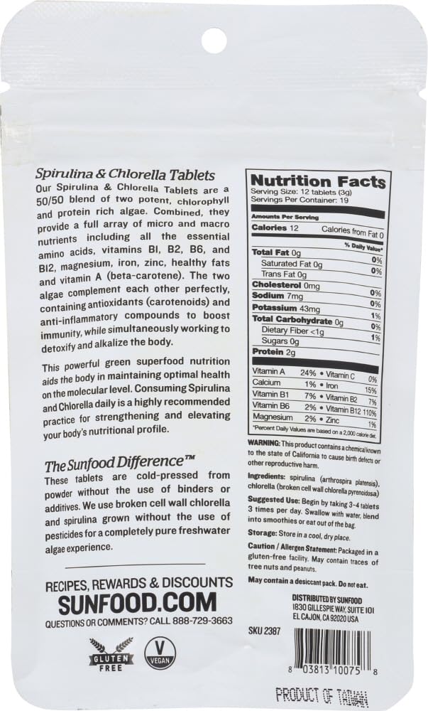 Sunfood Chlorella Spirulina Tabletas preparadas para consumo diario en casa.
