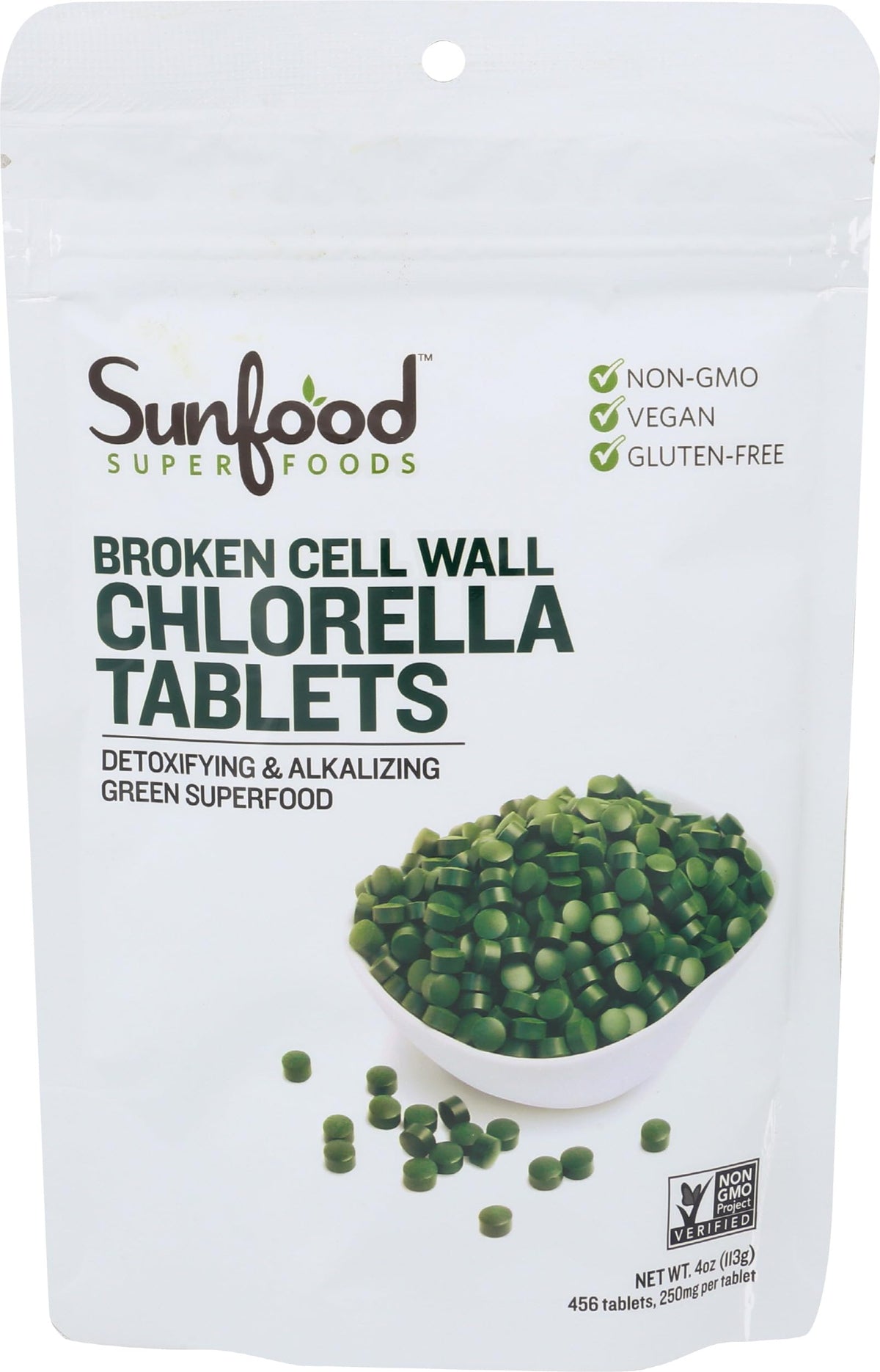 Sunfood Chlorella: frente del envase con tabletas verdes para uso diario.