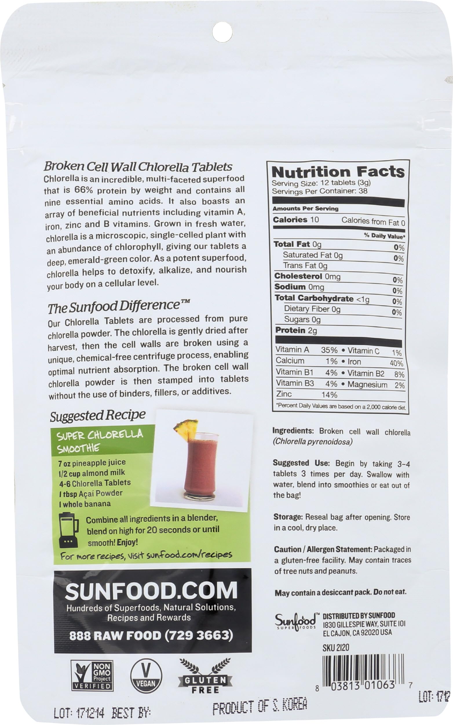 Detalle de las tabletas Sunfood Chlorella para absorción rápida.