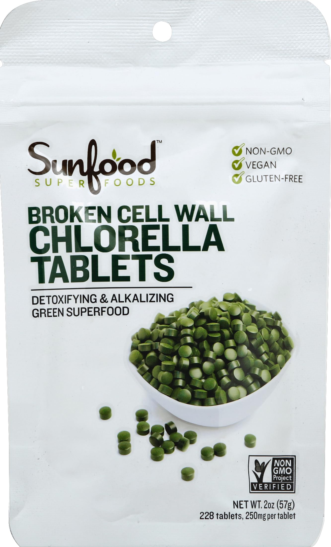 Sunfood Chlorella Tablets, presentación 2 onzas, apoyo antioxidante y salud inmunitaria.