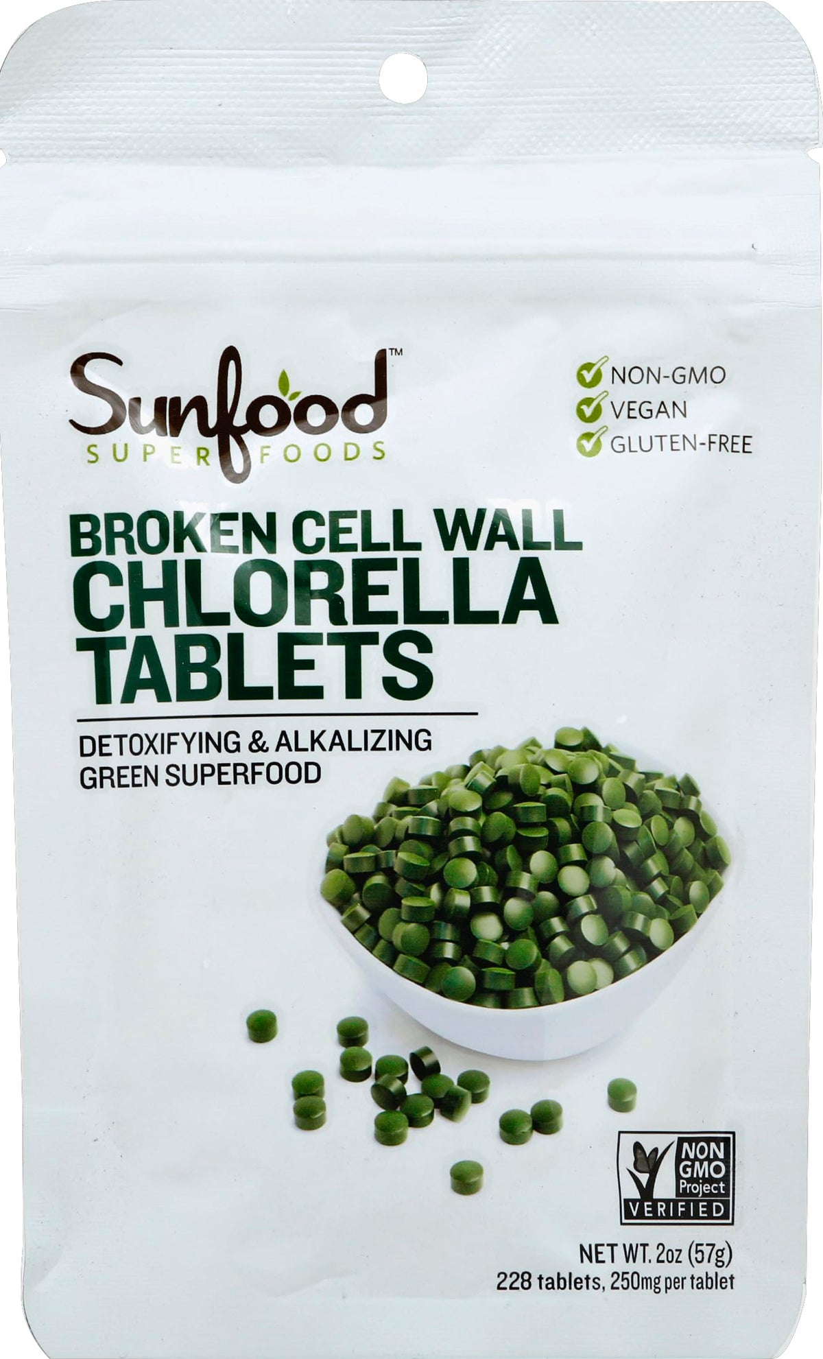 Sunfood Chlorella Tablets, presentación 2 onzas, apoyo antioxidante y salud inmunitaria.