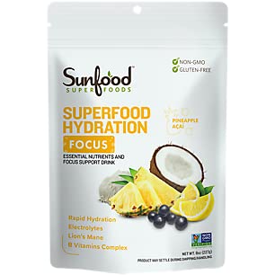 Sunfood Enfoque Hidratación polvo de agua de coco para energía diaria.