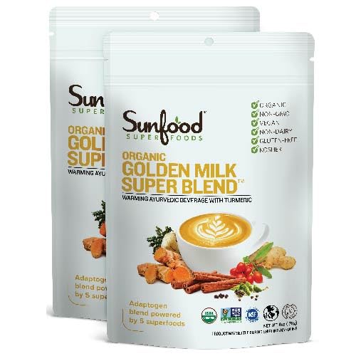 Sunfood Golden Milk Super Blend en bolsa de 6 oz lista para latte de cúrcuma