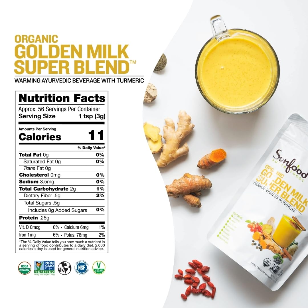 Sunfood Golden Milk Super Blend envase con dos bolsas para conveniencia