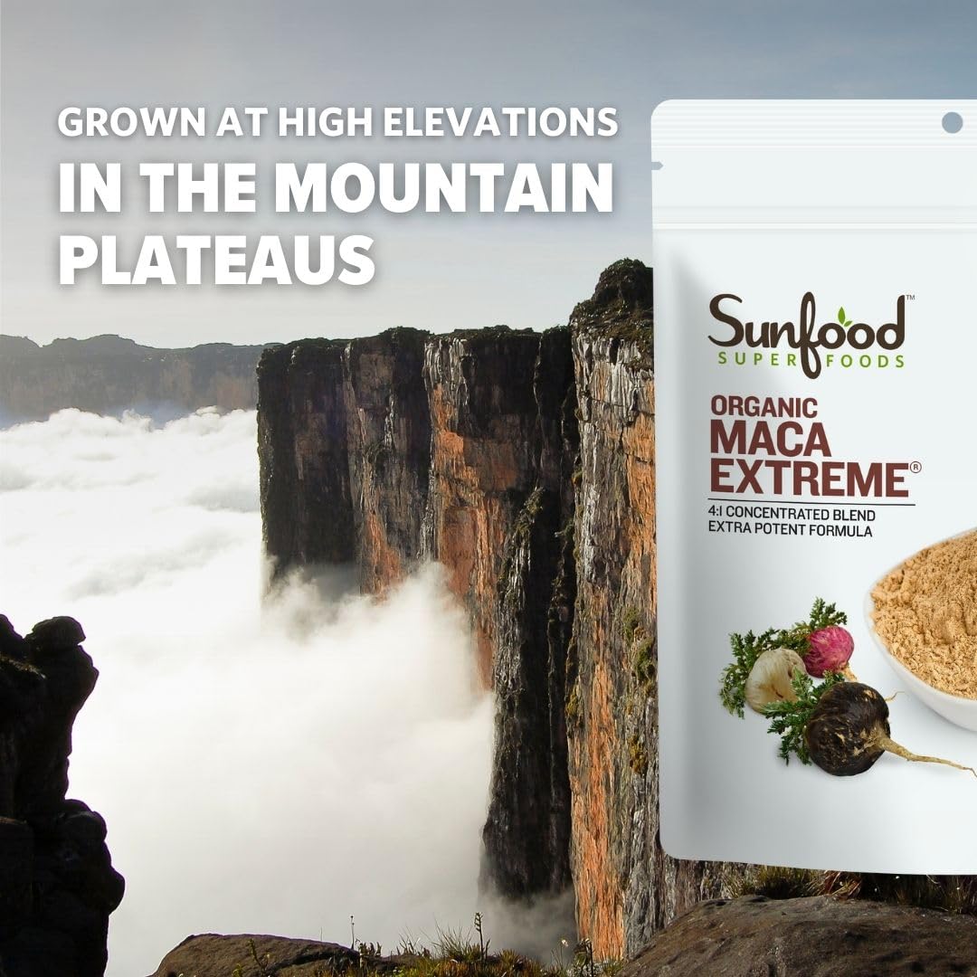Sunfood Maca Extreme envase de 8 oz facilita dosis diarias.