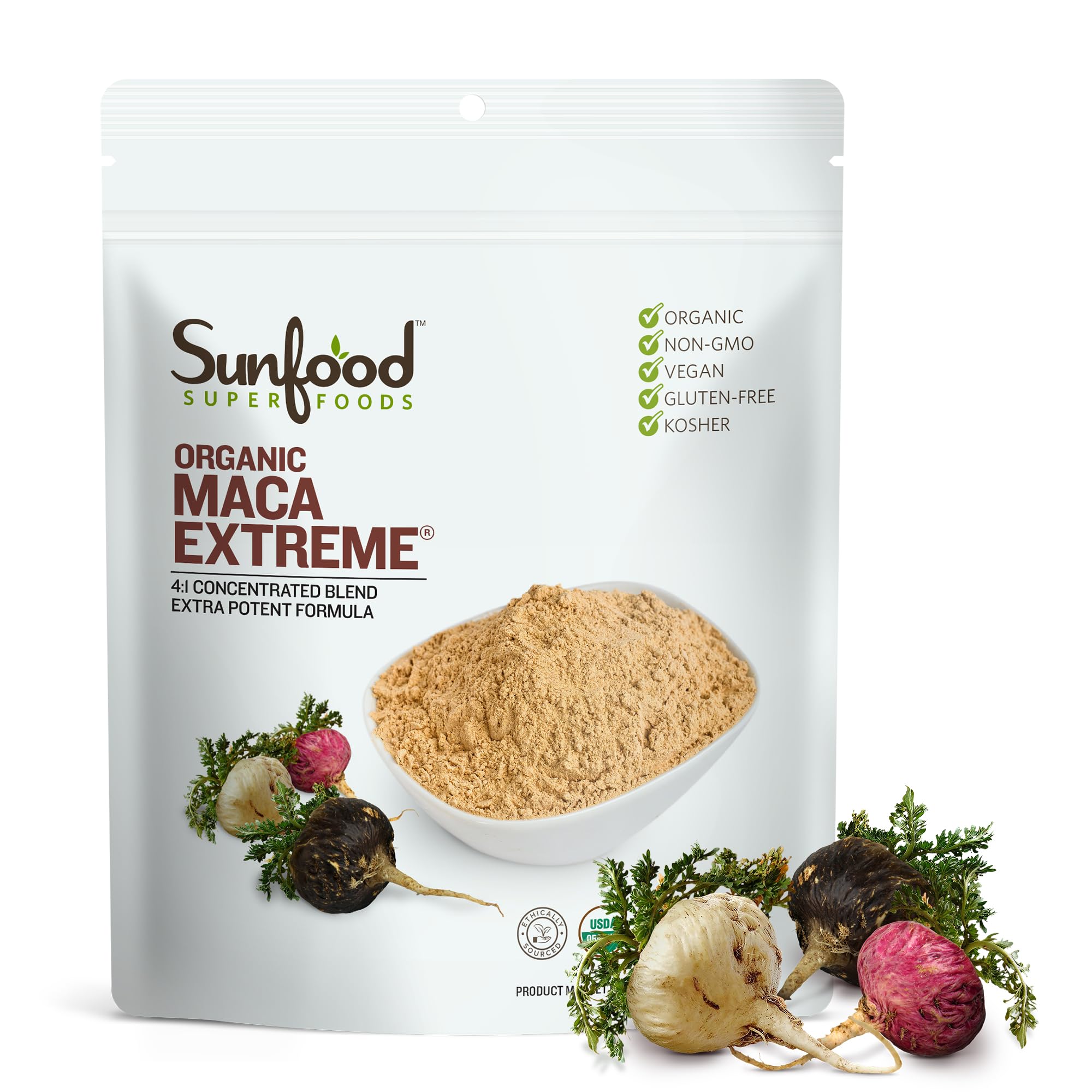 Sunfood Maca Extreme polvo en taza para infusión y energía suave.