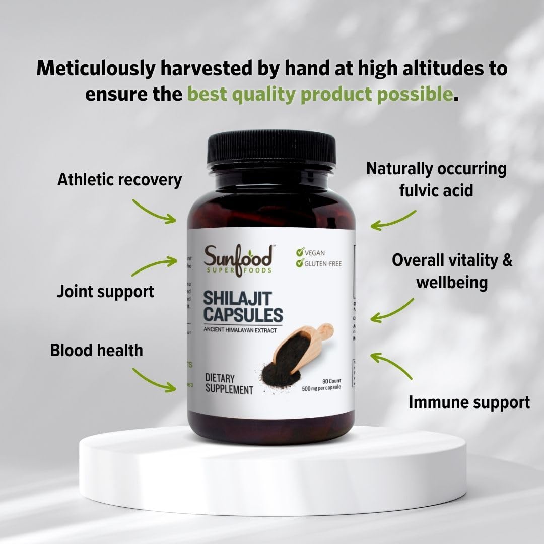 Sunfood Shilajit cápsulas en caja, packaging claro y transparente
