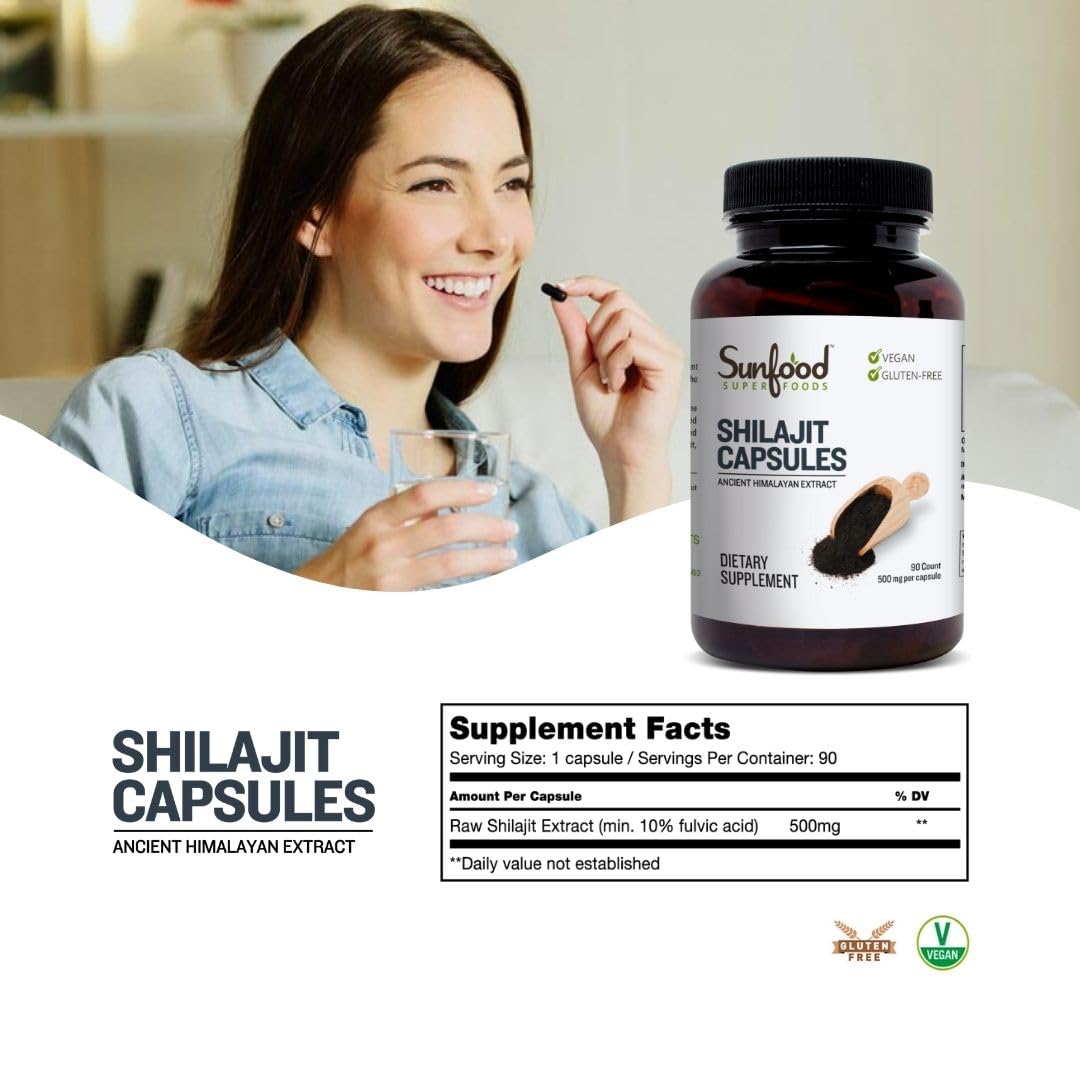 Sunfood Shilajit cápsulas, primer plano, alto contenido de ácido fúlvico