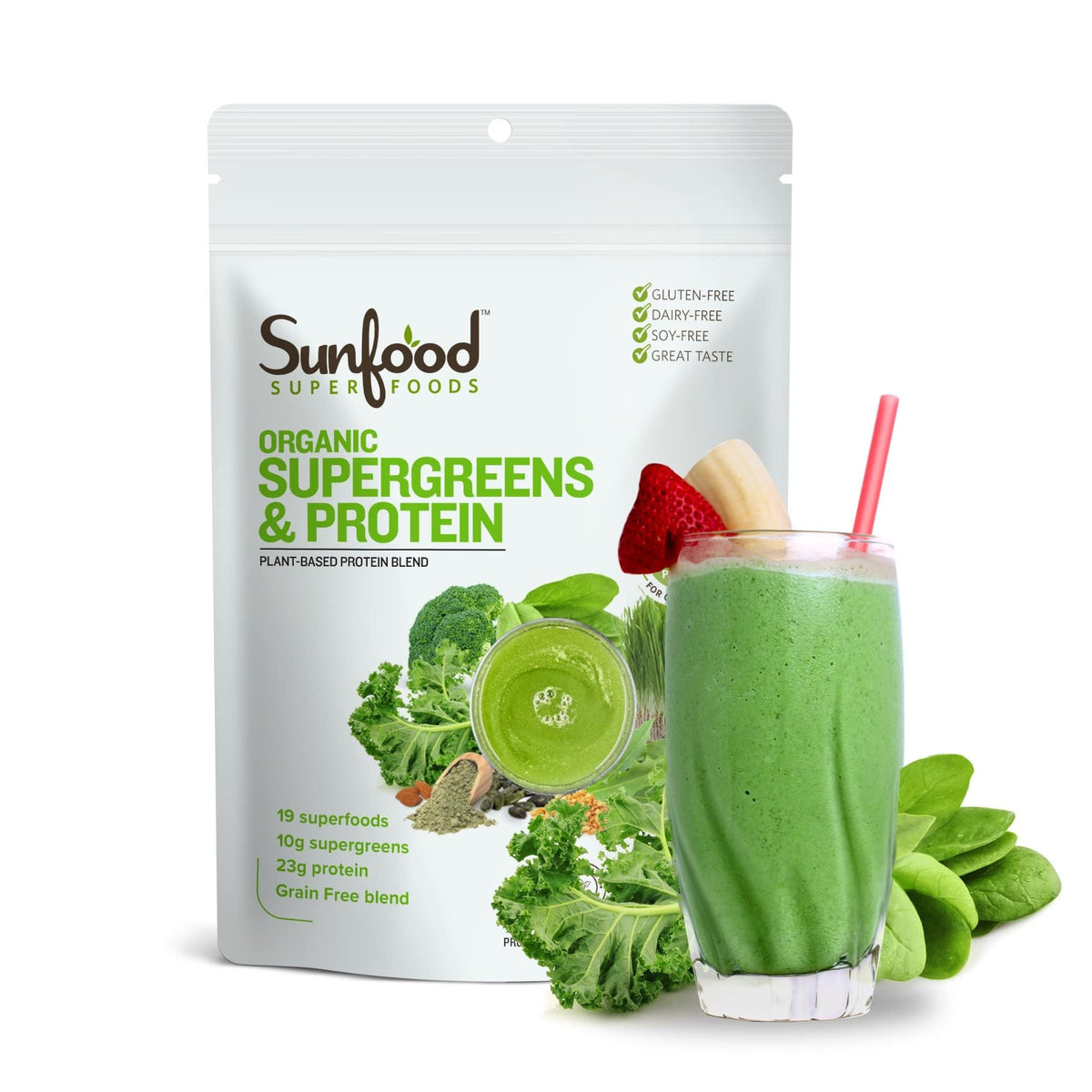 Sunfood Supergreens & Protein frente al pote, fuente de proteína vegetal para energía diaria