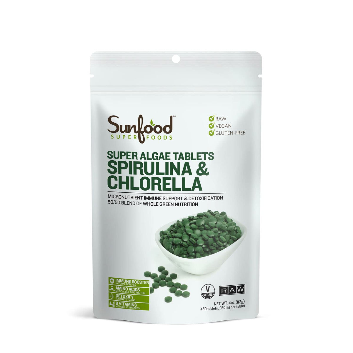 Sunfood tabletas espirulina chlorella en botella: apoyo nutricional diario.