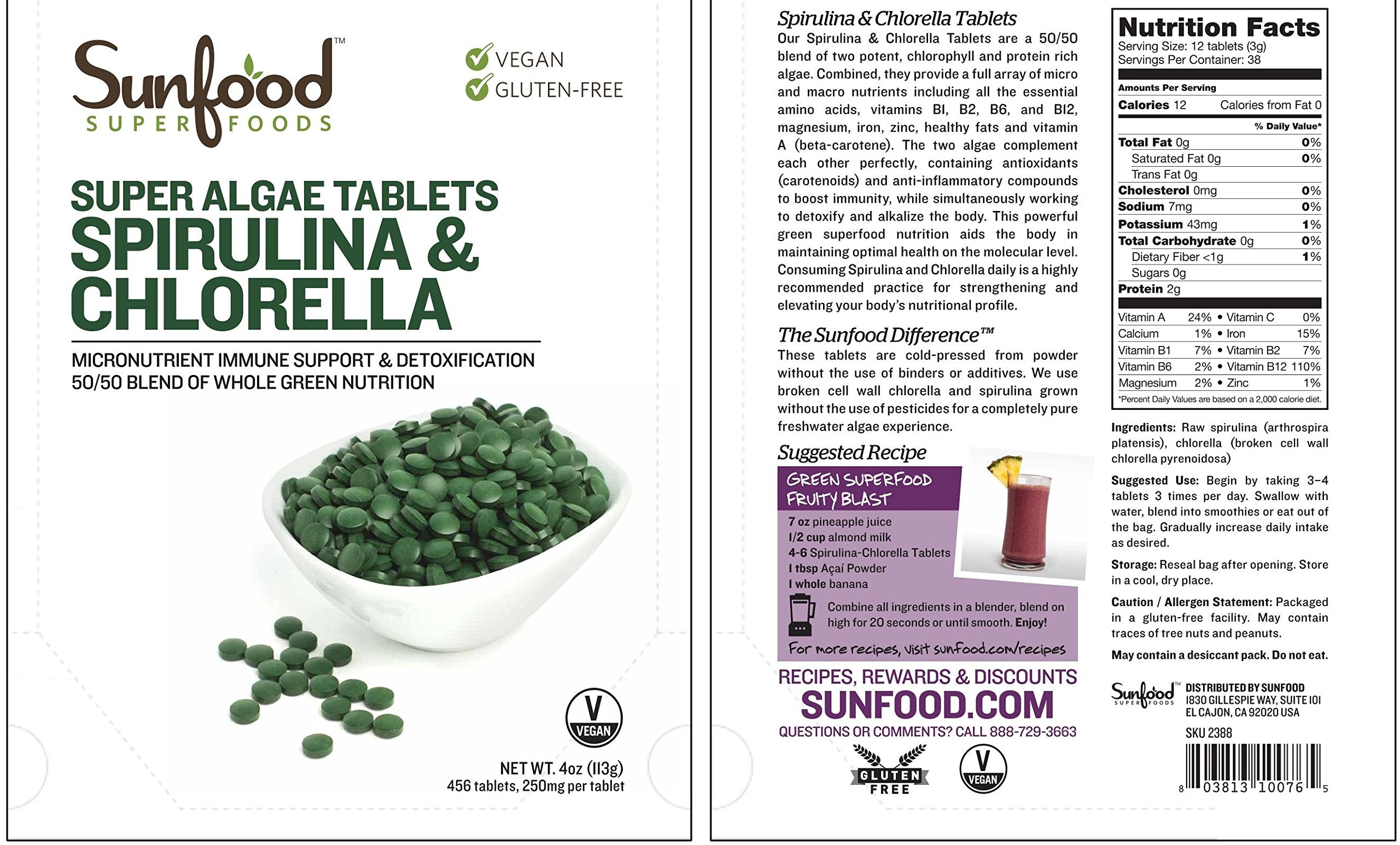 Sunfood tabletas espirulina chlorella con etiqueta frontal, identificación fácil de dosis.