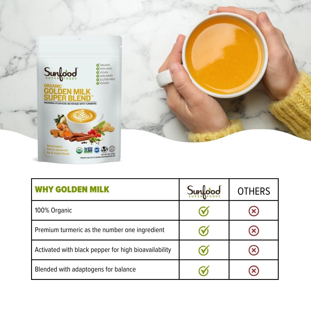Sunfoods Golden Milk Super Blend polvo especiado para digestión suave.
