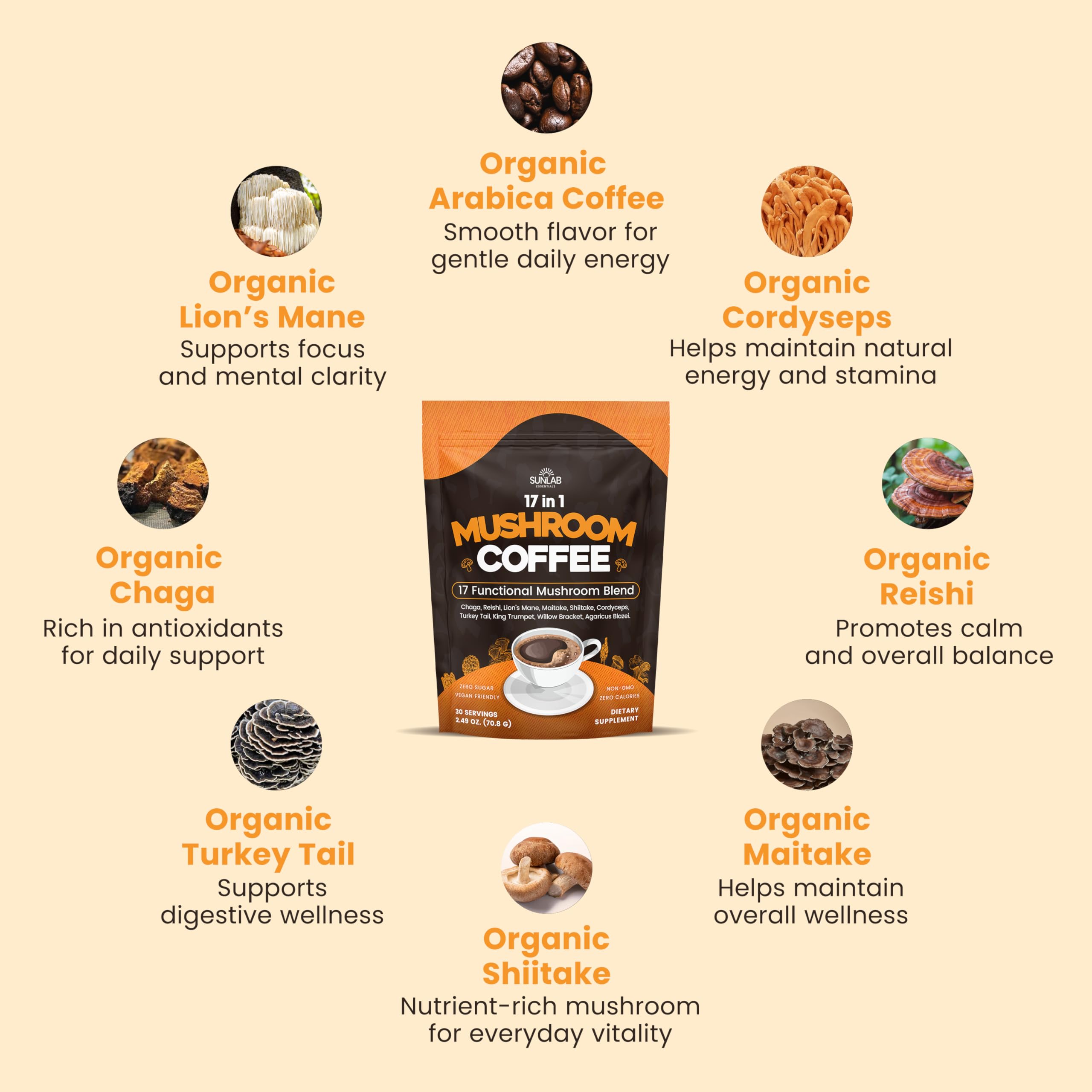 Bebida a base de hongos SunLab Essentials, planta y sabor suave
