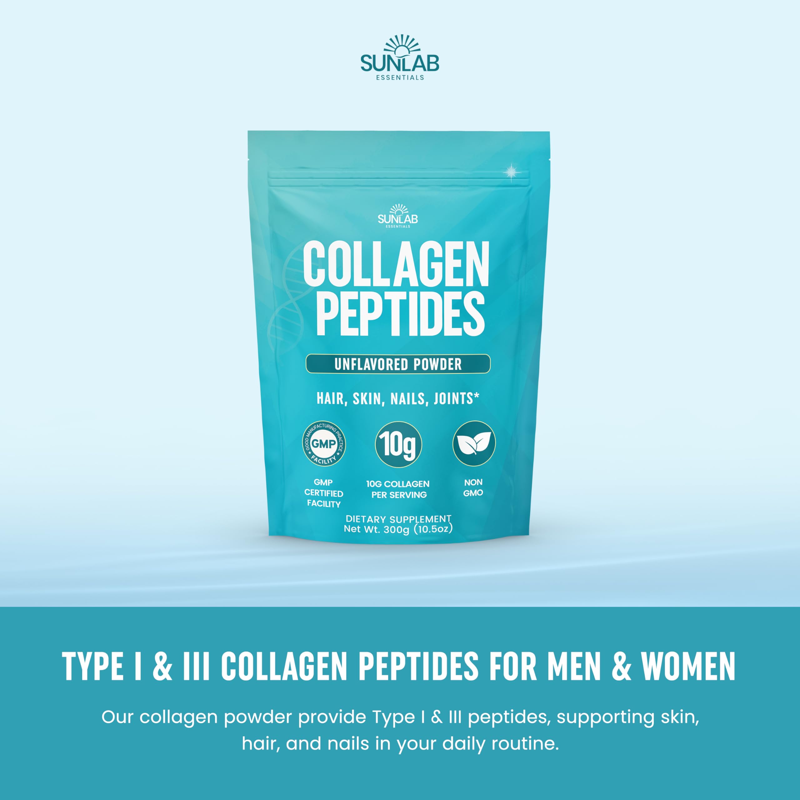 SunLab Essentials Colágeno, medidor-cucharita, dosis precisa para uso diario.
