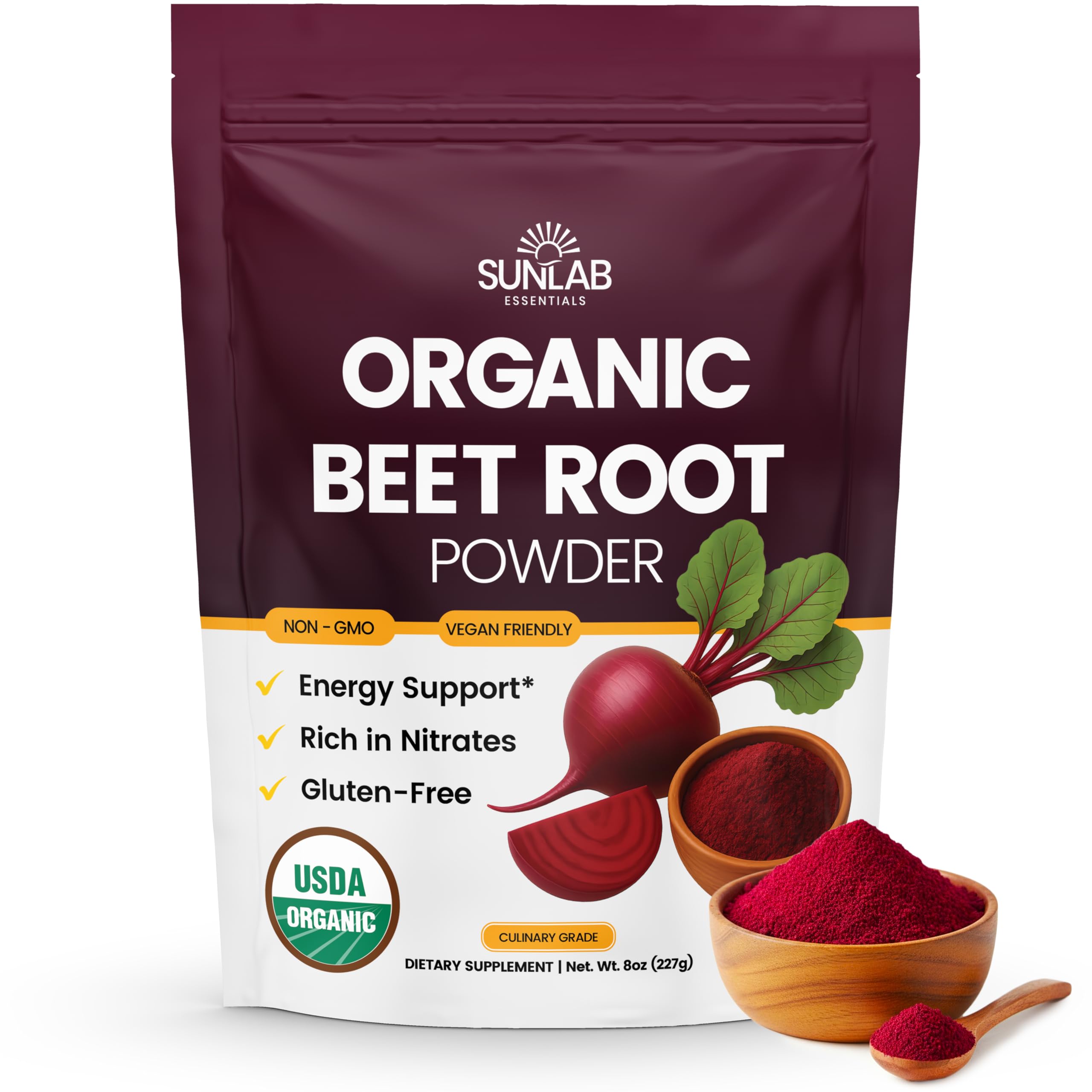 SunLab Essentials polvo de remolacha orgánico en bote de 8oz para energía diaria