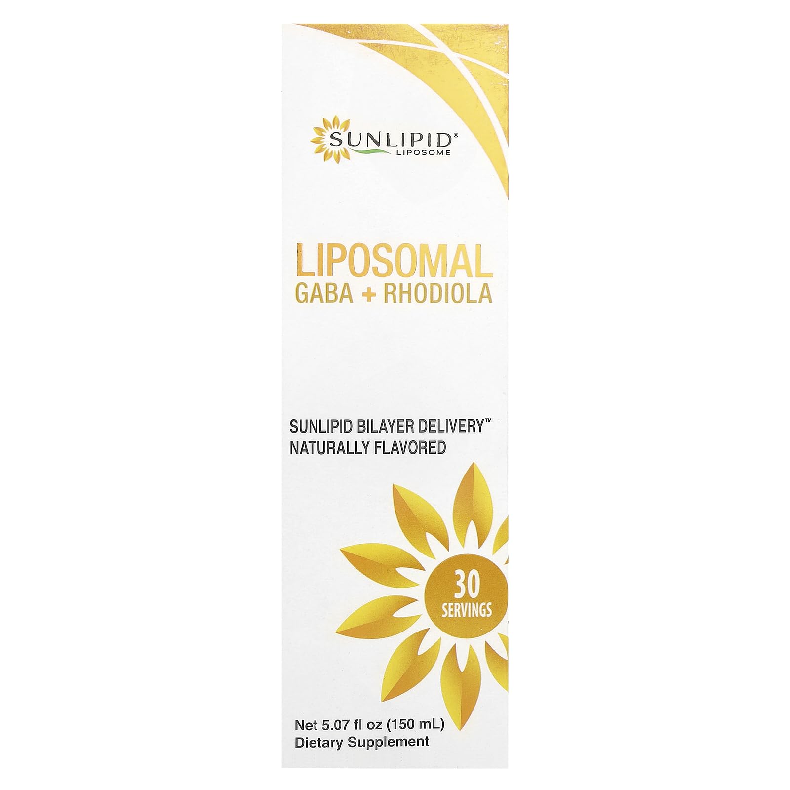 SunLipid Liposomal GABA + Rhodiola, botella vertiendo para relajación diaria.