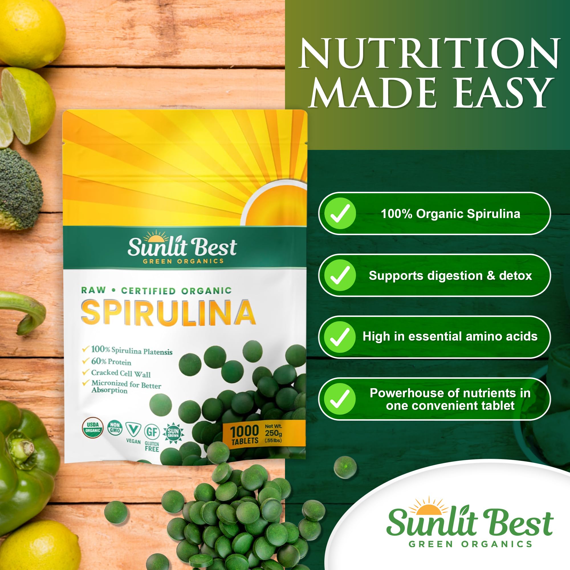 Sunlit Best Green Organics Spirulina Tablet aporta clorofila y antioxidantes