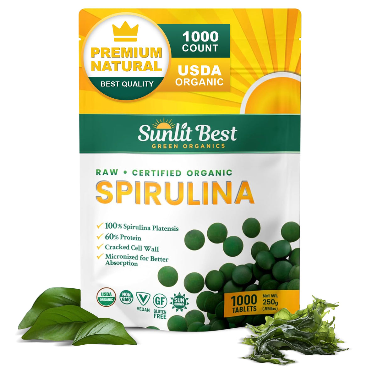 Sunlit Best Green Organics Spirulina Tablet con impulso de energía natural