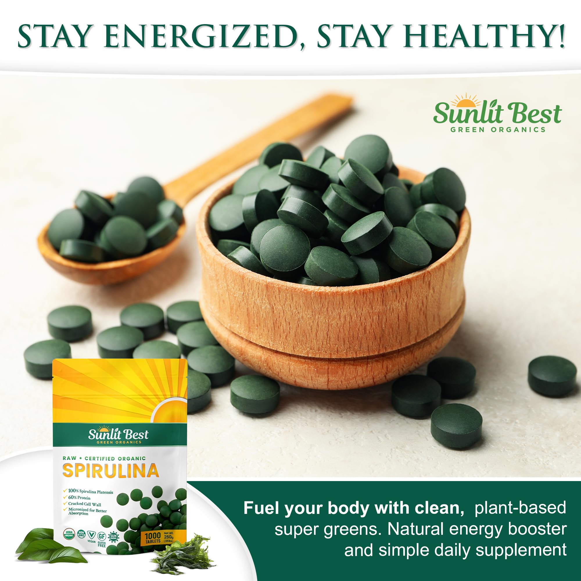 Sunlit Best Green Organics Spirulina Tablet libre de gluten