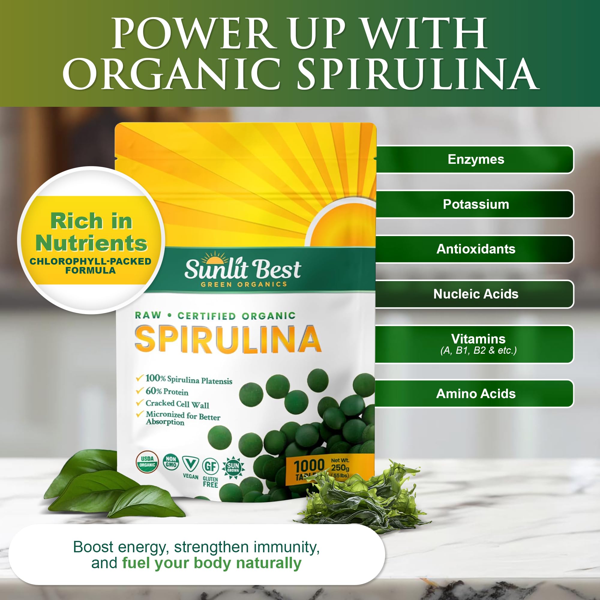 Sunlit Best Green Organics Spirulina Tablet fortaleciendo el sistema inmunitario