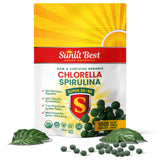 Sunlit Best Green Organics tabletas chlorella-spirulina frente al empaque, apoyo a la vitalidad diaria.