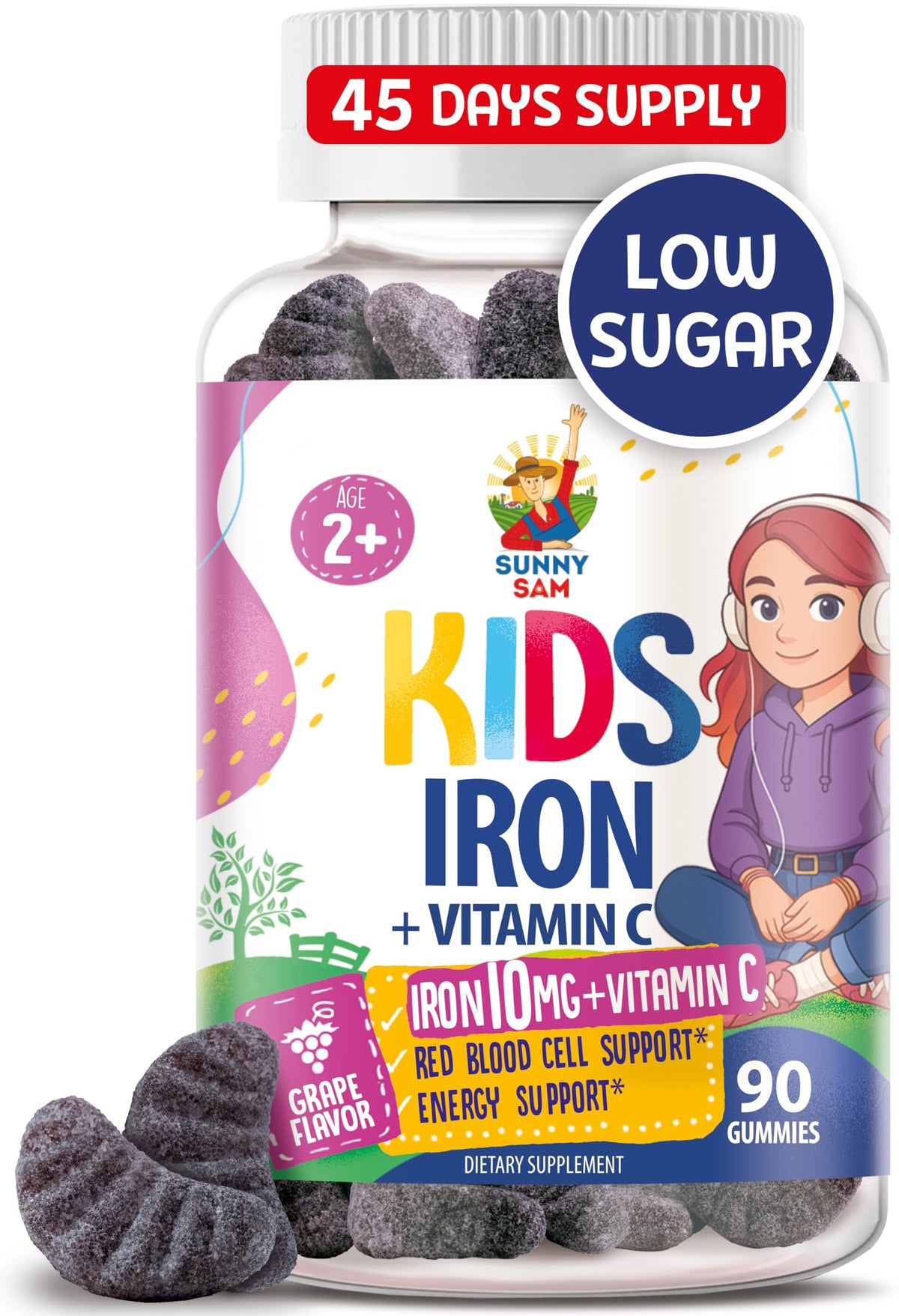 Sunny Sam gominolas de hierro sabor uva para apoyo inmunitario y energía.