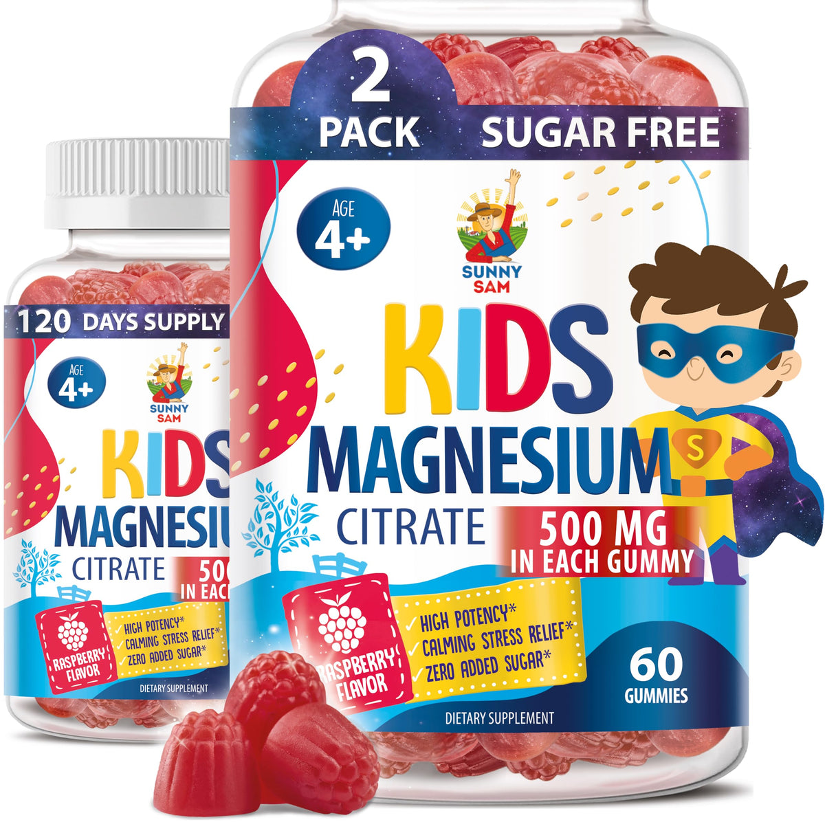 Sunny Sam gominolas magnesio en frasco, apoyo para la calma infantil.