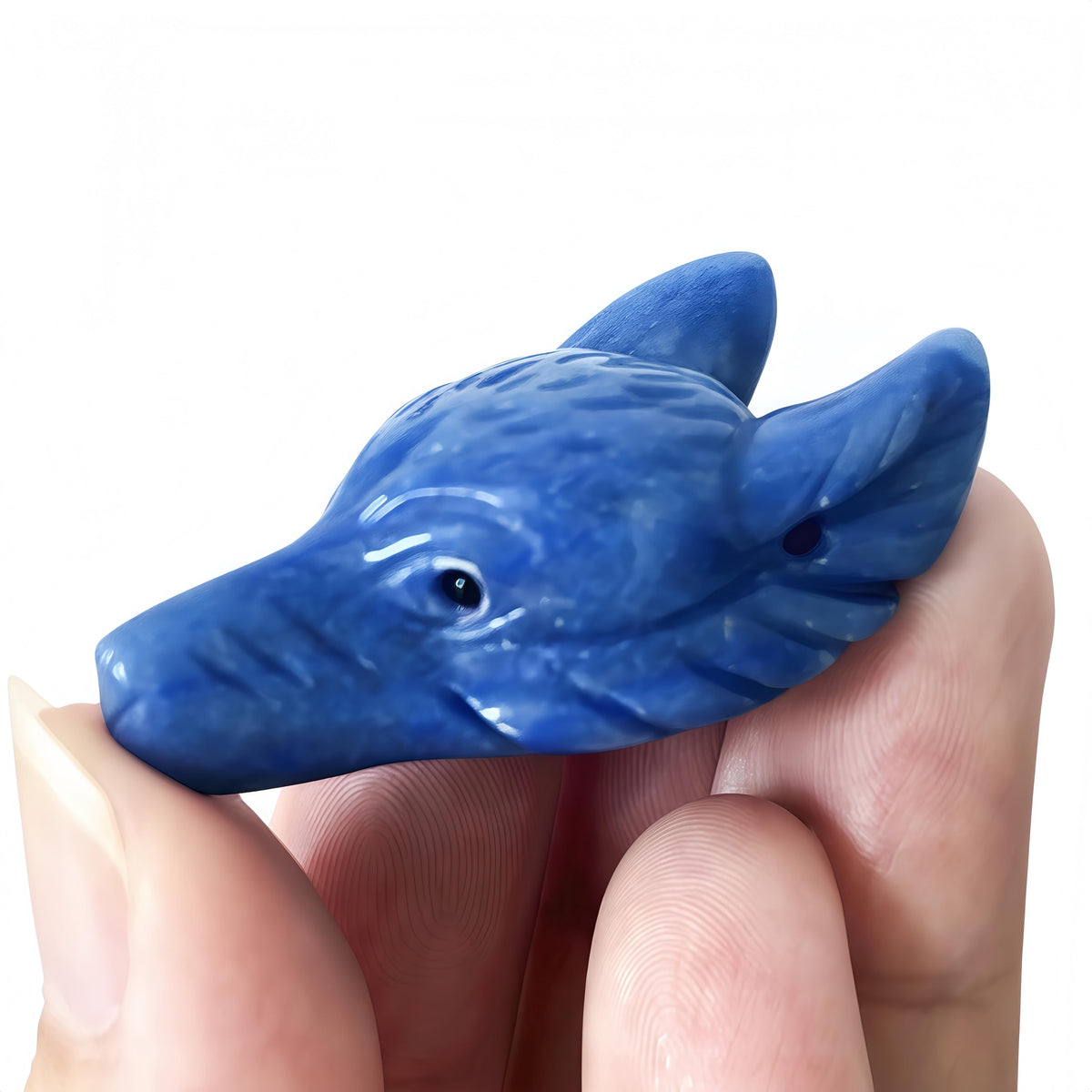 Sunshcat: cabeza de lobo en aventurina azul, figura natural para joyería.