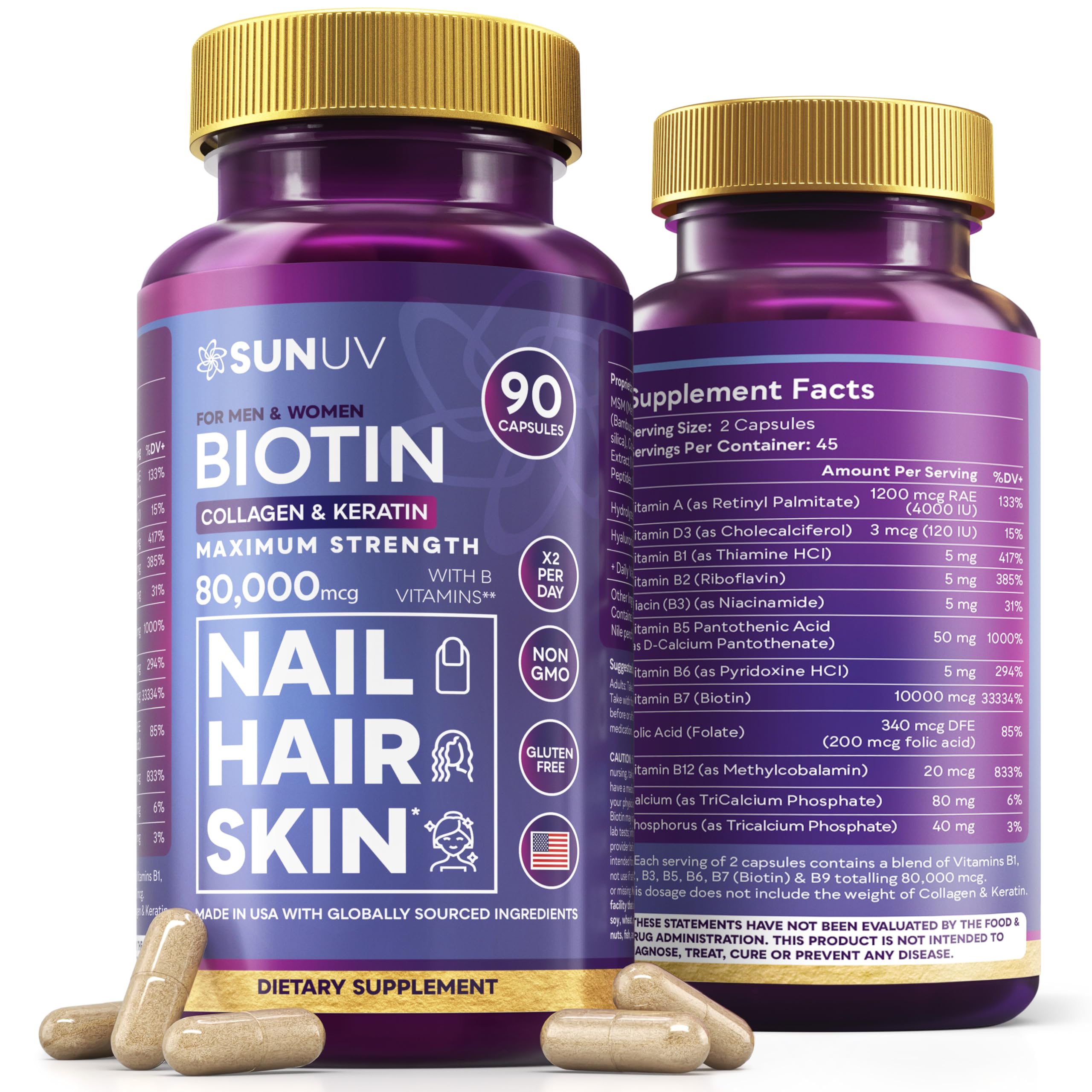 SunUV Biotina 10000mcg: cápsulas para cabello y uñas saludables.