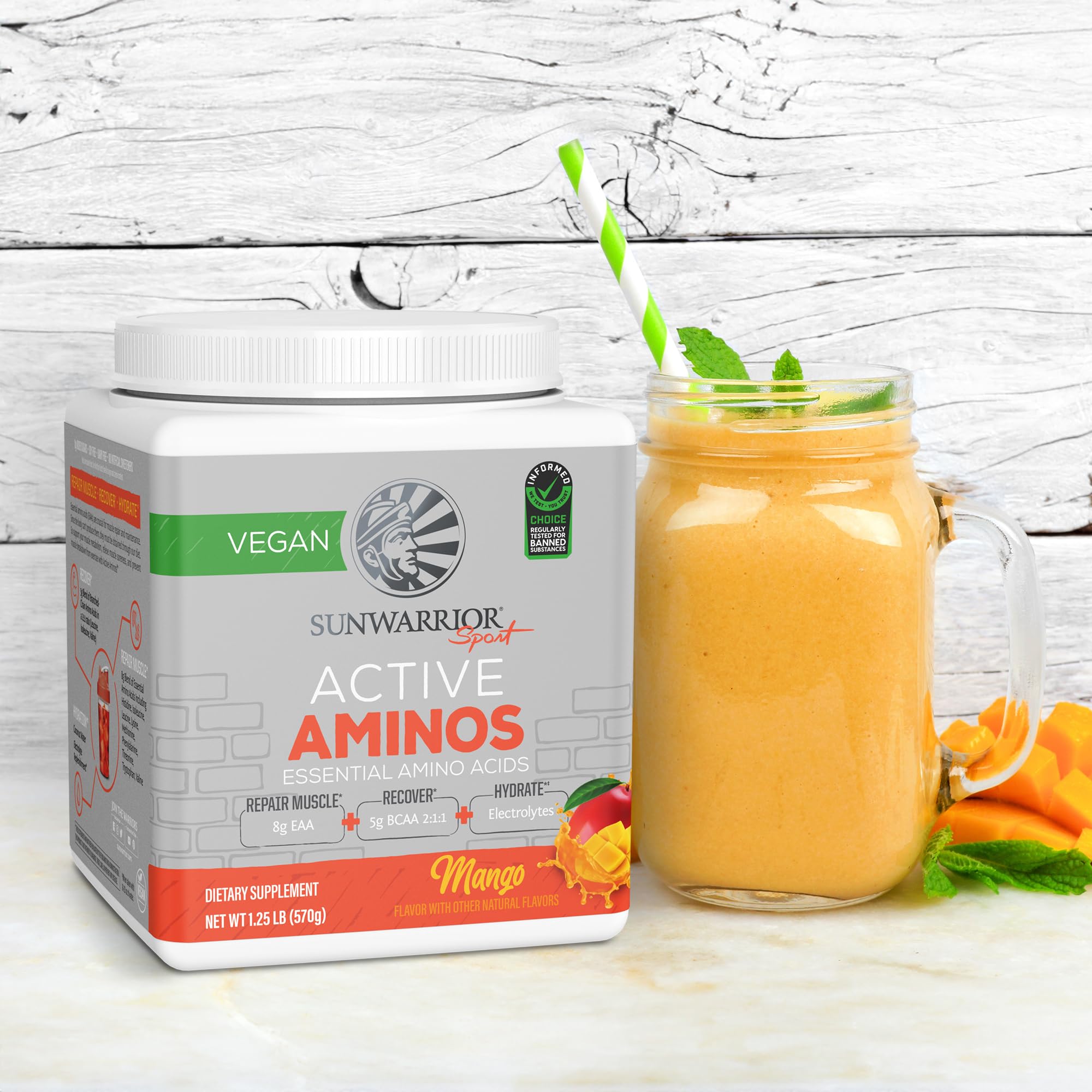 Sunwarrior Aminos Mango, sabor mango refrescante para entrenar con energía.