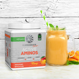 Sunwarrior Aminos Mango, sabor mango refrescante para entrenar con energía.