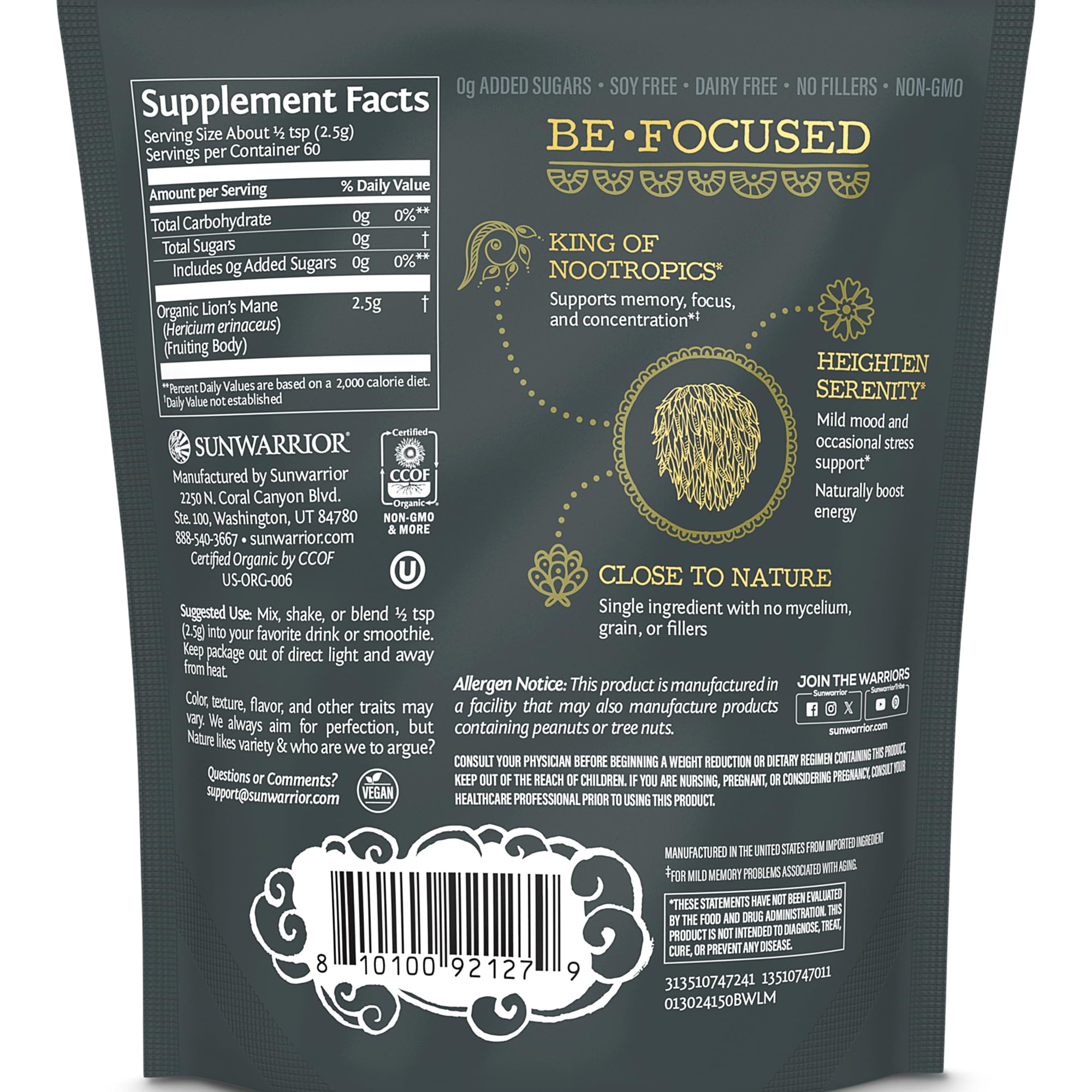 Sunwarrior bolsa 150 g polvo de melena de león para uso diario