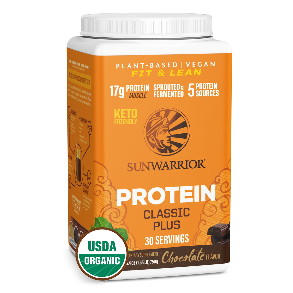 Sunwarrior Classic Plus: bote de proteína vegetal chocolate para energía sostenida.