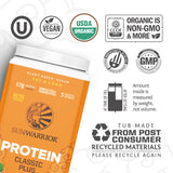 Sunwarrior Classic Plus: vaso listo para batido proteico chocolate suave.