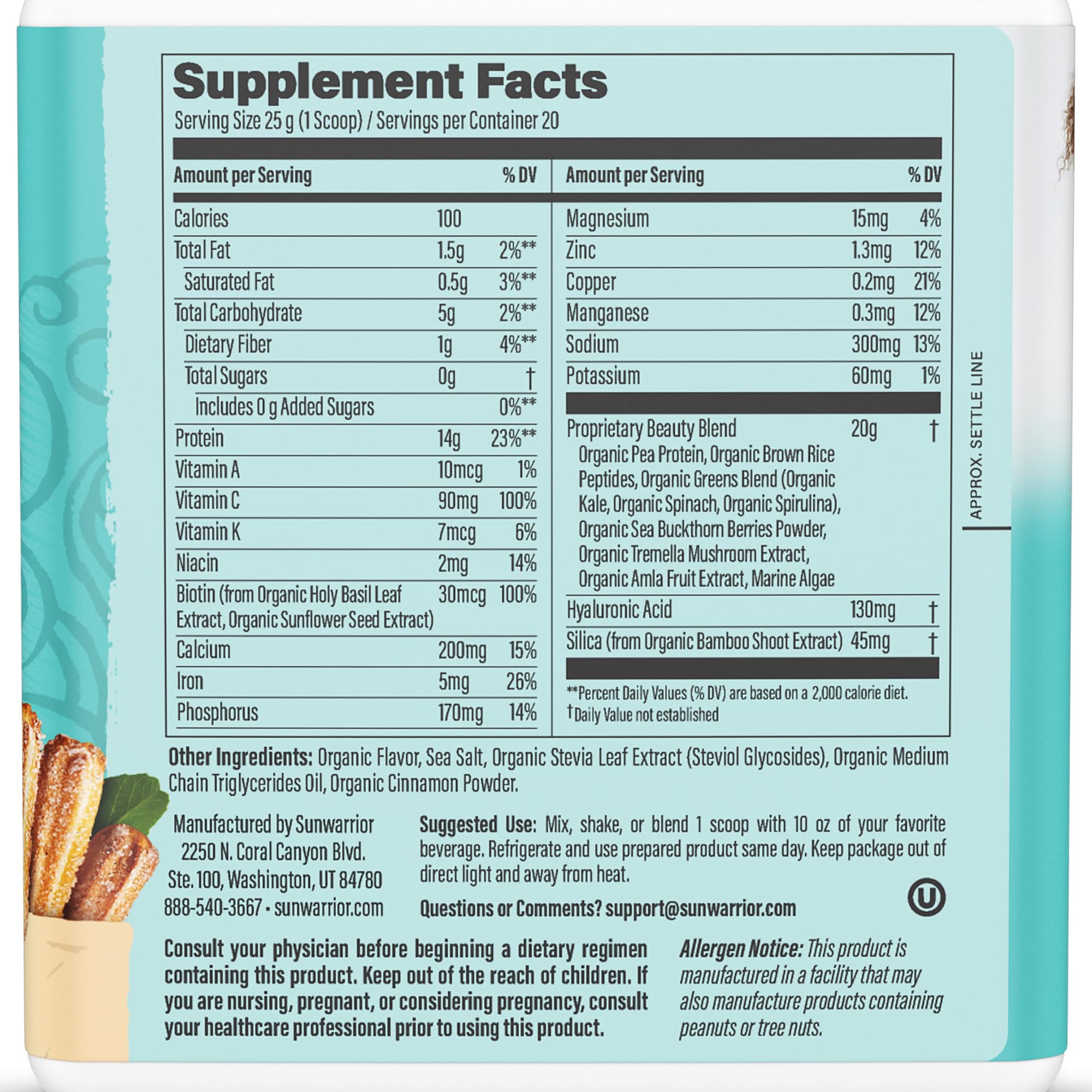 Sunwarrior colágeno vegano churro, cuchara medidora para dosis diaria
