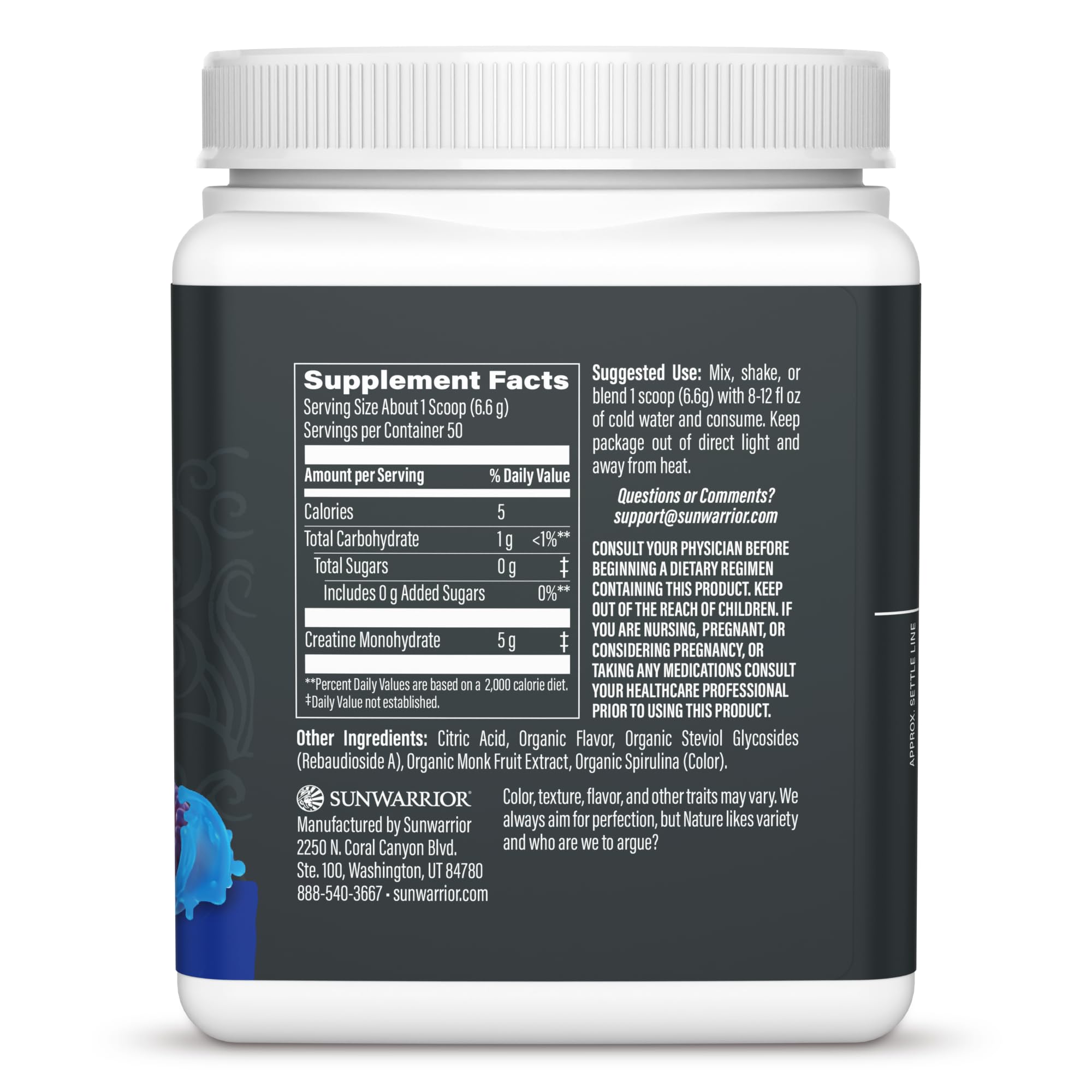 Sunwarrior Creatina Monohidrato Micronizada con cuchara-medidora para dosis rápidas