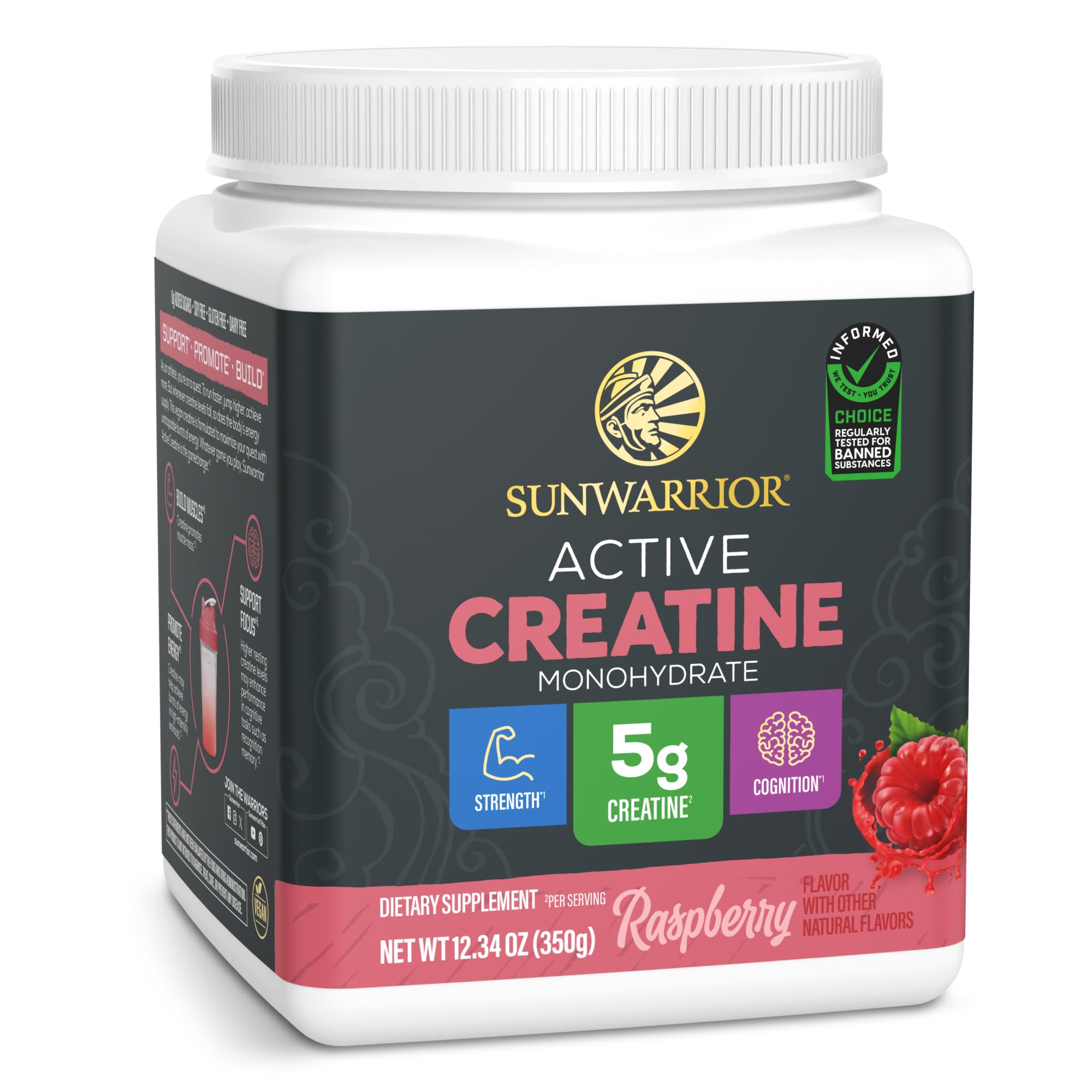 Sunwarrior Creatina Monohidrato polvo frambuesa para entrenamientos intensos.